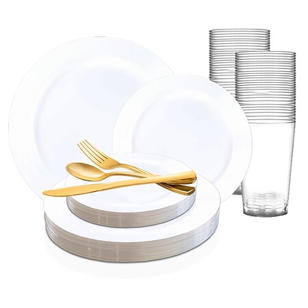 Smarty Had A Party Solid White Economy Round Disposable Plastic Wedding Value Set, 720PK 110WH-VS120